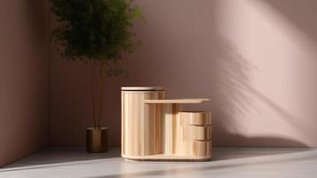 Wooden podium for product presentation in modern interior. 3D rendering photo