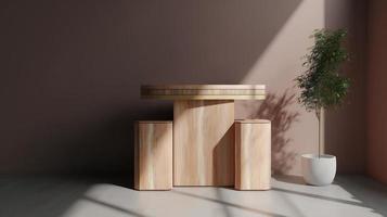 Wooden podium for product presentation in modern interior. 3D rendering photo