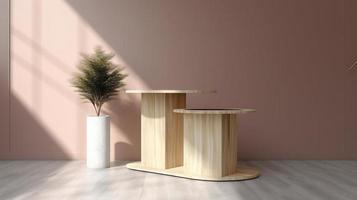 Wooden podium for product presentation in modern interior. 3D rendering photo