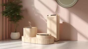 Wooden podium for product presentation in modern interior. 3D rendering photo