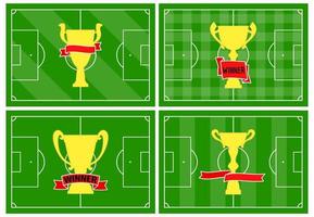 Set of four football fields with different golden cup on different green grass ornaments. Soccer field for playing. Vector illustration