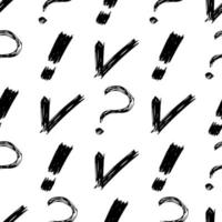 Seamless pattern with hand drawn check, exclamation and question mark symbols. Black sketch check symbol on white background. Vector illustration