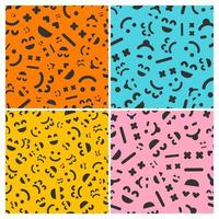 Cartoon faces with emotions. Set of four seamless patterns with different emoticons. Vector illustration
