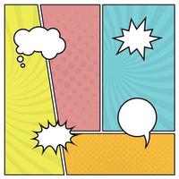 Colorful comic book page background in pop art style with empty speech bubbles. Template with rays and dots pattern. Vector illustration