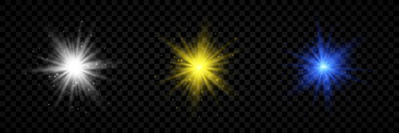 Light effect of lens flares. Set of three white, yellow and blue glowing lights starburst effects with sparkles