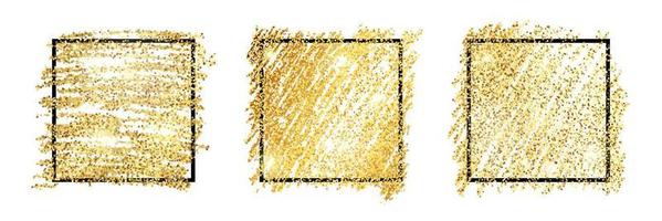 Set of three golden paint glittering backdrops with black square frames on a white background. Background with gold sparkles and glitter effect. Empty space for your text. Vector illustration
