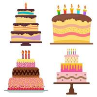 Set of four sweet birthday cake with burning candles. Colorful holiday dessert. Vector celebration background.