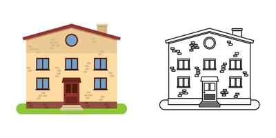 House front view in flat and line style on white background. Isolated cottage and real estate building facade. Vector illustration