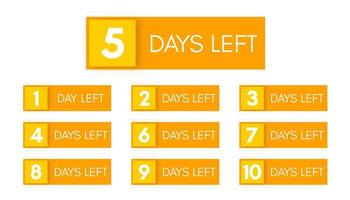 Number of days left. Set of ten yellow banners with countdown from 1 to 10. Vector illustration