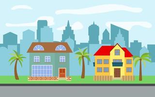 Vector city with two two-story cartoon houses and palm trees in the sunny day. Summer urban landscape. Street view with cityscape on a background