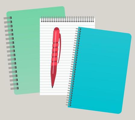 Three notepads and a pen. Vector illustration