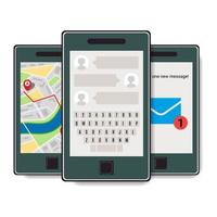 Set of three mobile phones. Mobile phone with chat, map of the city and incoming message. Vector illustration