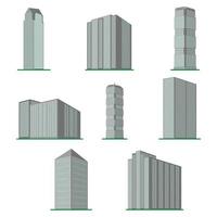 Set of eight modern high-rise building on a white background. View of the building from the bottom. Isometric vector illustration.