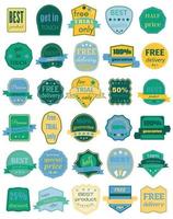 Set of Thirty Vector Badges with Ribbons. Set of vintage retro labels. Web stickers and labels. Isolated vector illustration.