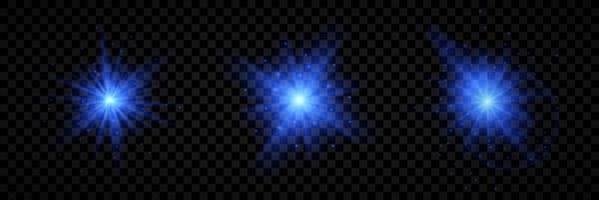 Light effect of lens flares. Set of three blue glowing lights starburst effects with sparkles vector