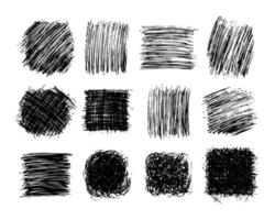 Squares hand drawn scribble big set. Set of abstract monochrome doodle stains isolated on white background. Vector illustration