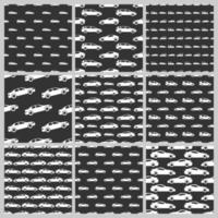 Set of nine seamless patterns with white cars on black background. Vector illustration.