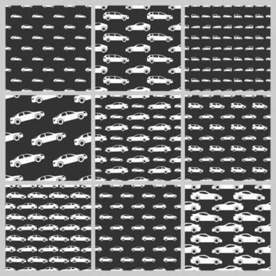 Set of nine seamless patterns with white cars on black background. Vector illustration.