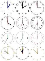 un conjunto de diferente mecánico relojes con un imagen de cada de el doce horas. reloj cara en blanco antecedentes. vector