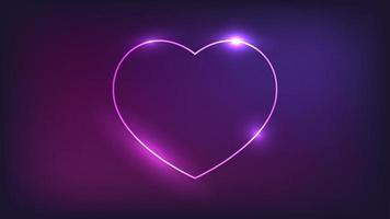 Neon frame in heart form with shining effects on dark background. Empty glowing techno backdrop. Vector illustration.