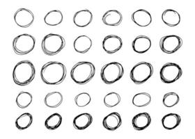 Hand drawn scribble circles. Set of thirty black doodle round circular design elements on white background. Vector illustration