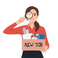 Young woman using magnifying glasses looking for a new job opportunity after getting fired. vector