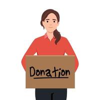 Woman Holding Donation Box Vector Illustration. Volunteer in humanitarian cause collecting altruist supporting aid doing community service and philanthropic gesture