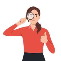 Young woman or girl holding a magnifying glass and making thumbs up gesture sign. Person showing magnifier lens. Female character design illustration. Modern lifestyle, like, good, agree concept. vector