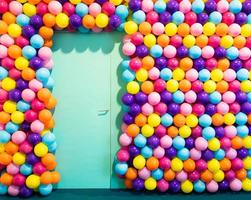 habitación de la puerta con globos de colores - concepto de celebración, fiesta, feliz cumpleaños. foto
