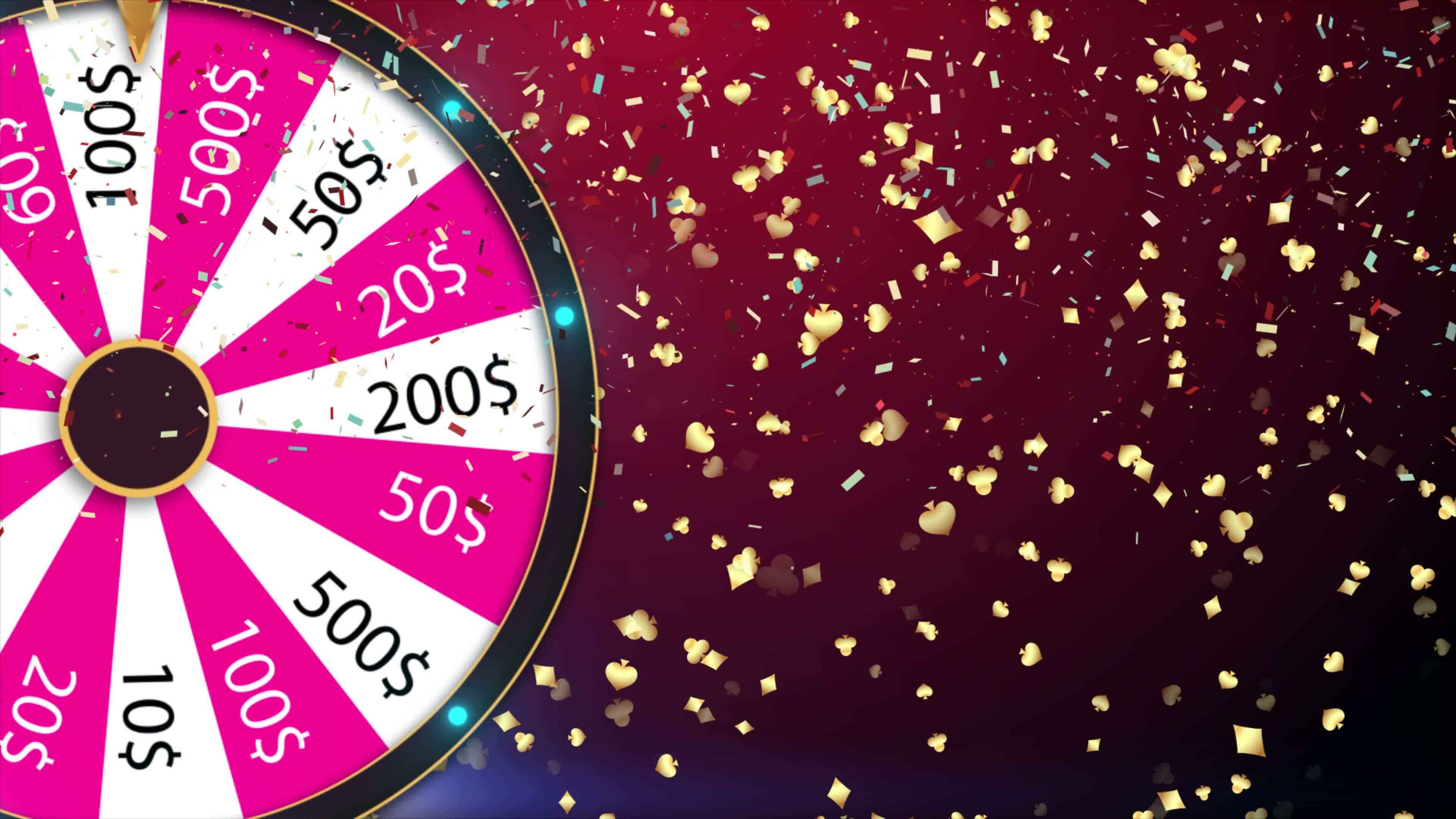 Loop Casino Wheel Rotate Spinning And Playing Card Symbol And Confetti