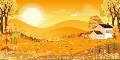 otoño campos paisaje con montaña, naranja, amarillo cielo y nubes fondo,panorama pacífico rural natural en pueblo con césped tierra. caricatura, vector ilustración horizonte otoño temporada bandera