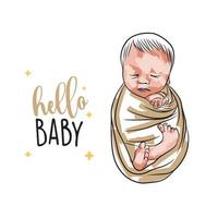 dormido linda recién nacido en un tarjeta con el inscripción, Hola bebé, bebé en garabatear vector