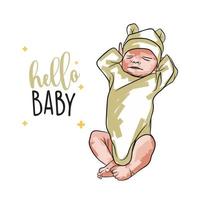 Newborn baby card, Hello baby, hand lettering, baby in doodle style, pastel vector