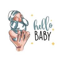 Hello baby, hand lettering, cute card with baby in hand, newborn vector