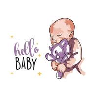 Baby card, hello baby, hand lettering, little boy with a toy, newborn in doodle vector