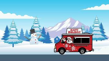 christmas food truck with cheerful santa claus vector