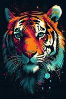 Growling leopard. Abstract, multicolored portrait of a snarling neon leopard on a background. can be used for t-shirt graphics, print. Vector illustration. . photo
