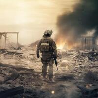 Lone soldier walking on the battlefield. Illustration of a military man walking on an empty destroyed environment. Destruction, war scene. Smoke and fog. Sad combat feeling. . photo