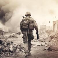 Lone soldier walking on the battlefield. Illustration of a military man walking on an empty destroyed environment. Destruction, war scene. Smoke and fog. Sad combat feeling. . photo