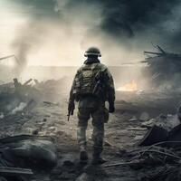 Lone soldier walking on the battlefield. Illustration of a military man walking on an empty destroyed environment. Destruction, war scene. Smoke and fog. Sad combat feeling. . photo