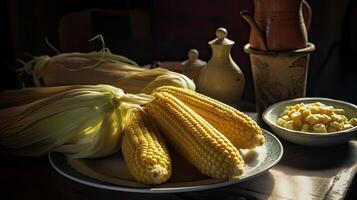 boiled corn on a white square plate, place for text. . photo