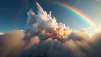 arco iris en azul cielo con nube. hermosa paisaje con multi de colores con arcoíris. generativo ai. foto