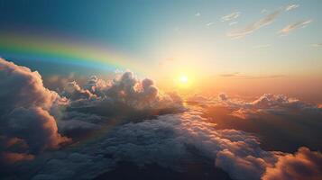 Rainbow in Blue sky with cloud. Beautiful landscape with multi colored with rainbow. . photo