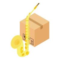 Saxophone icon isometric vector. Wind musical instrument near closed parcel box vector