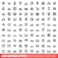 100 gamer icons set, outline style vector