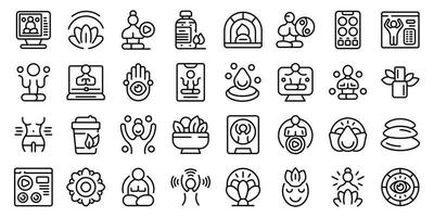 Online yoga training icons set outline vector. Yoga asana vector