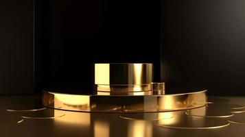 Abstract black background with gold podium for product presentation. 3d render photo