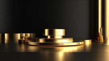 Abstract black background with gold podium for product presentation. 3d render photo