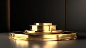 Abstract black background with gold podium for product presentation. 3d render photo