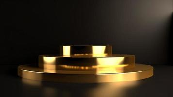 Abstract black background with gold podium for product presentation. 3d render photo